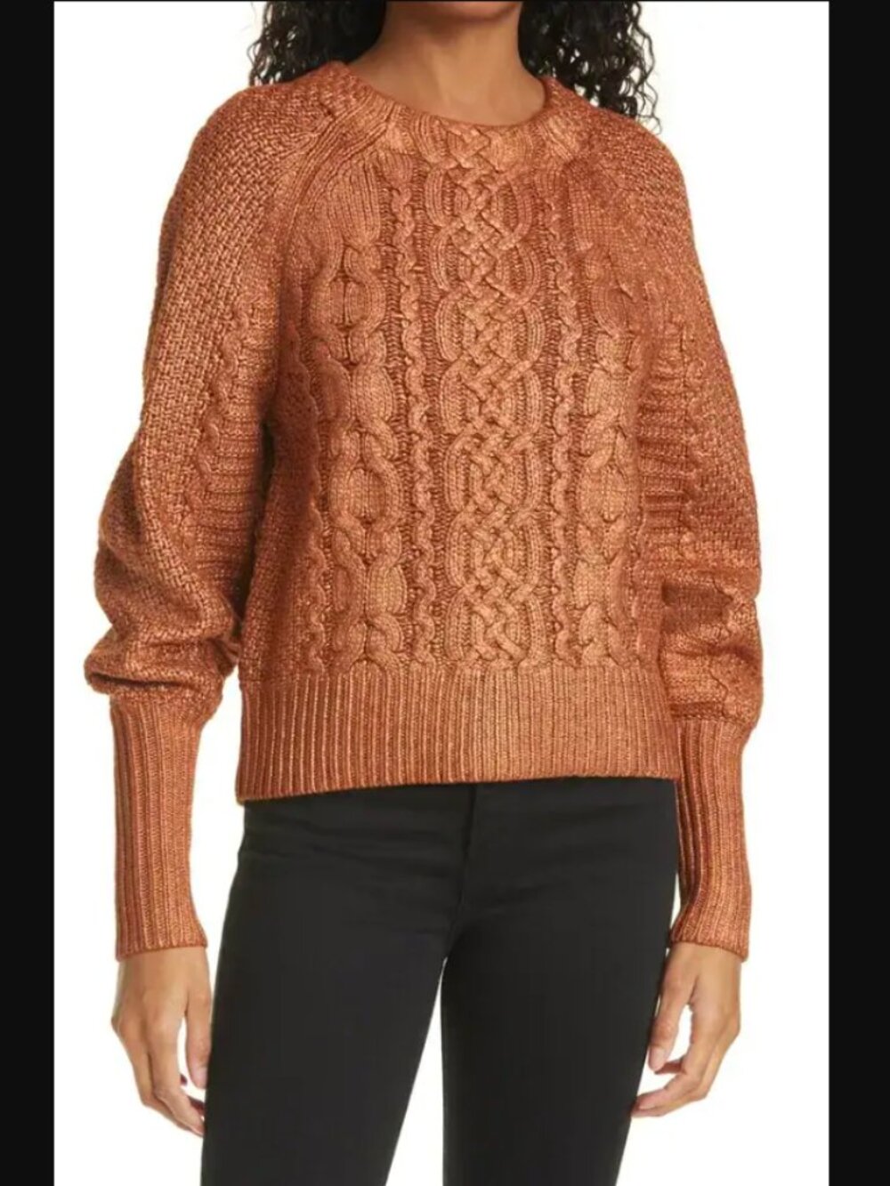 Veronica Beard Yola Foil Finish Copper Cable-Knit Crewneck Sweater